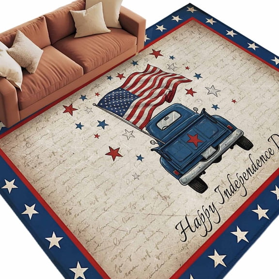 Area Rug 60×96in, Happy Independence Day USA Flag Floor Carpet Living Room Rug, Retro Blue Truck Non-Slip Welcome Mat Indoor Rugs for Bedroom Dining Room