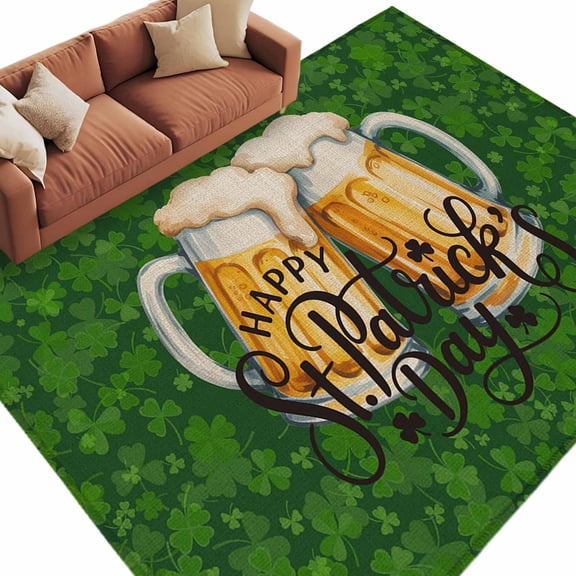Area Rug 60×96in, Happy St. Patrick's Day Beer with Clovers Floor Carpet Living Room Rug, Celtic Knots Green Leaves Non-Slip Welcome Mat Indoor Rugs for Bedroom Dining Room