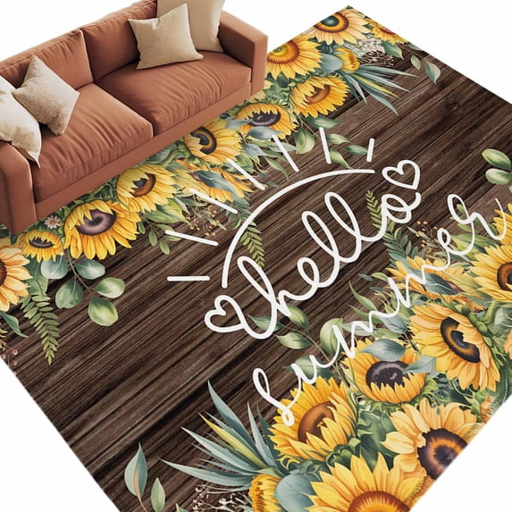 Area Rug 60×96in, Hello Summer Words Floor Carpet Living Room Rug, Watercolor Farm Sunflowers Non-Slip Welcome Mat Indoor Rugs for Bedroom Dining Room