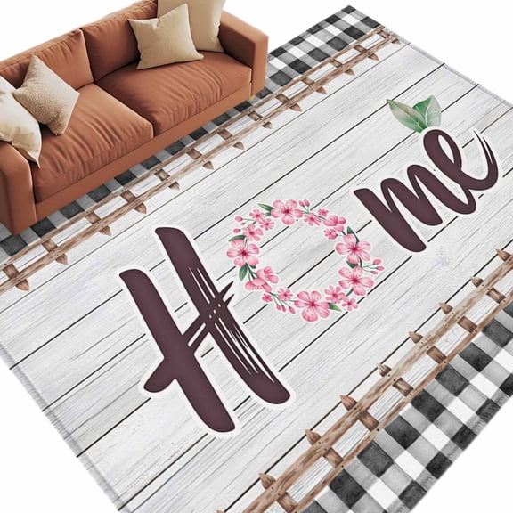 Area Rug 60×96in, Home Quote Spring Garland Floor Carpet Living Room Rug, Retro Wooden Plank Black Palid Non-Slip Welcome Mat Indoor Rugs for Bedroom Dining Room
