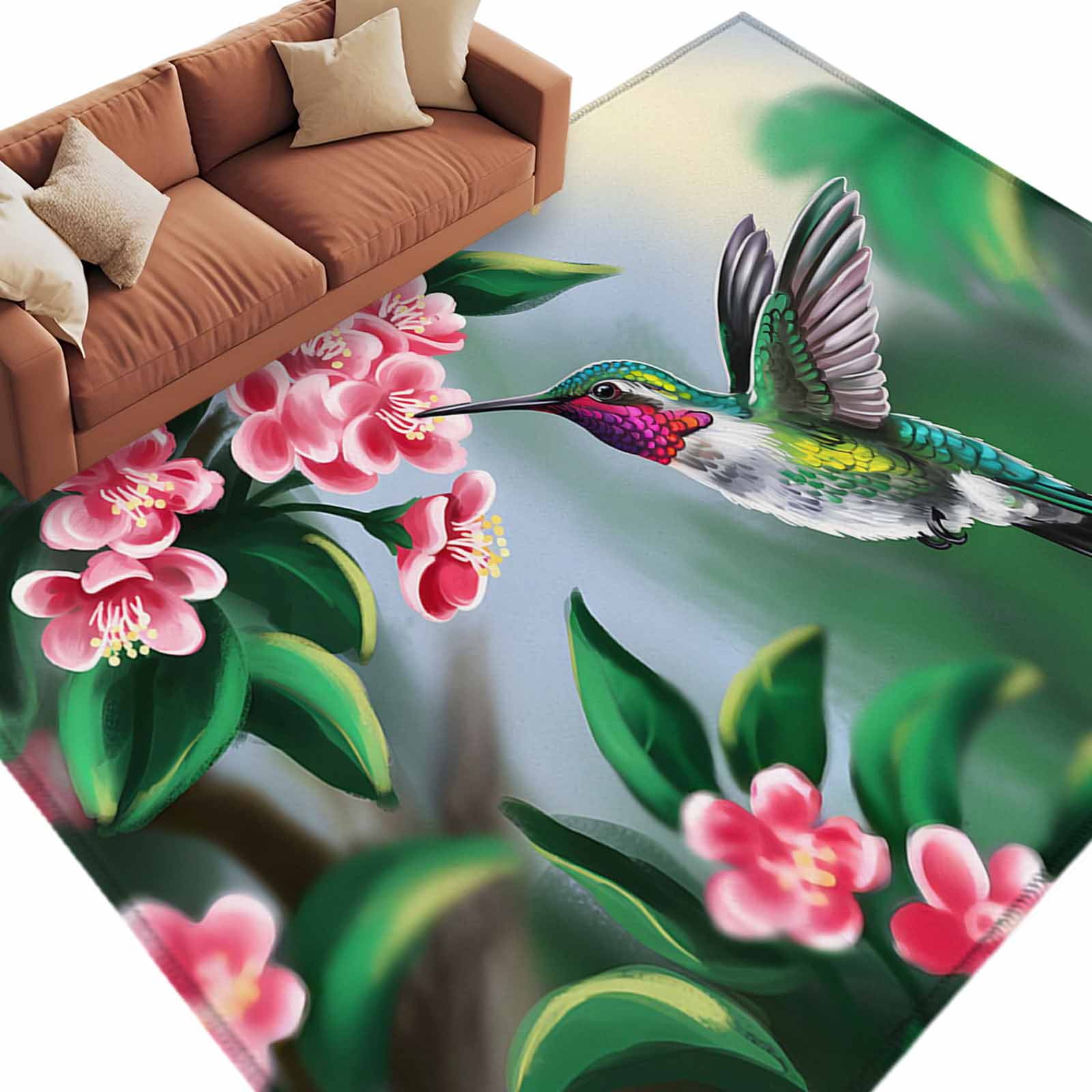 Area Rug 60×96in, Hummingbird Flower Watercolor Floor Carpet Living ...