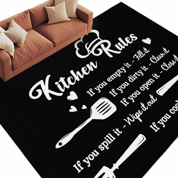 Area Rug 60×96in, Kitchen Rules Black and White Floor Carpet Living Room Rug, Kitchens Utensils Appliances Non-Slip Welcome Mat Indoor Rugs for Bedroom Dining Room