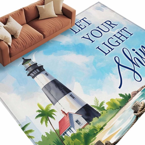 Area Rug 60×96in, LET YOUR LIGHT Shine Floor Carpet Living Room Rug, Watercolor Ocean Beach Lighthouse Non-Slip Welcome Mat Indoor Rugs for Bedroom Dining Room