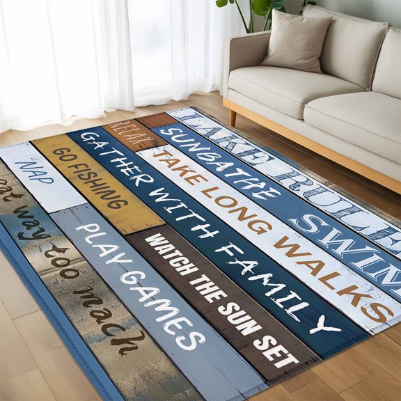 Area Rug 60×96in, Lake Rules Farm Blue Wood Board Floor Carpet Living Room Rug, Quote Wooden Grain Non-Slip Welcome Mat Indoor Rugs for Bedroom Dining Room