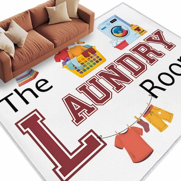 Area Rug 60×96in, Laundry Room Quotes Theme Element Floor Carpet Living Room Rug, White Background Non-Slip Welcome Mat Indoor Rugs for Bedroom Dining Room