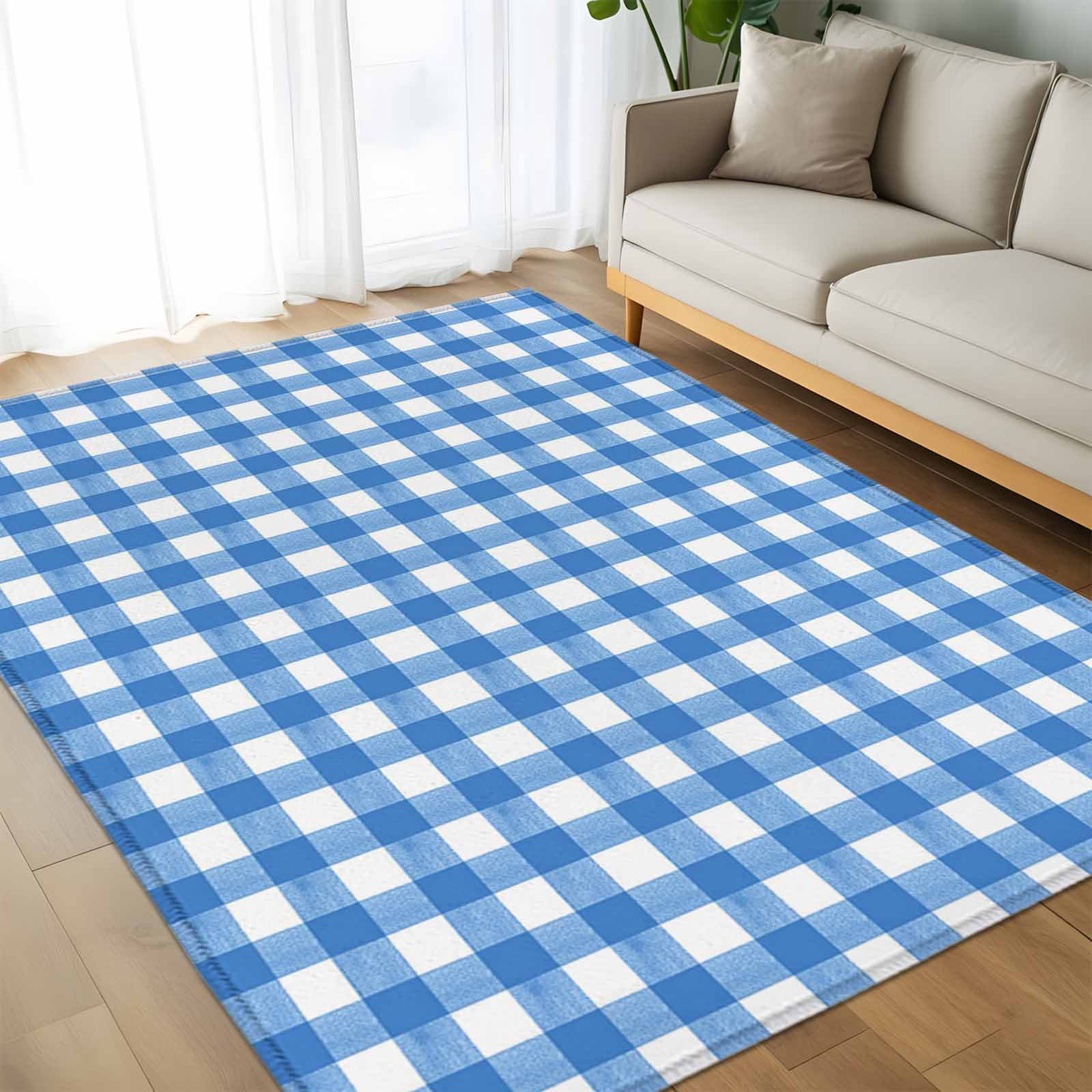 Area Rug 60×96in, Light Blue Gingham Check Floor Carpet Living Room Rug ...