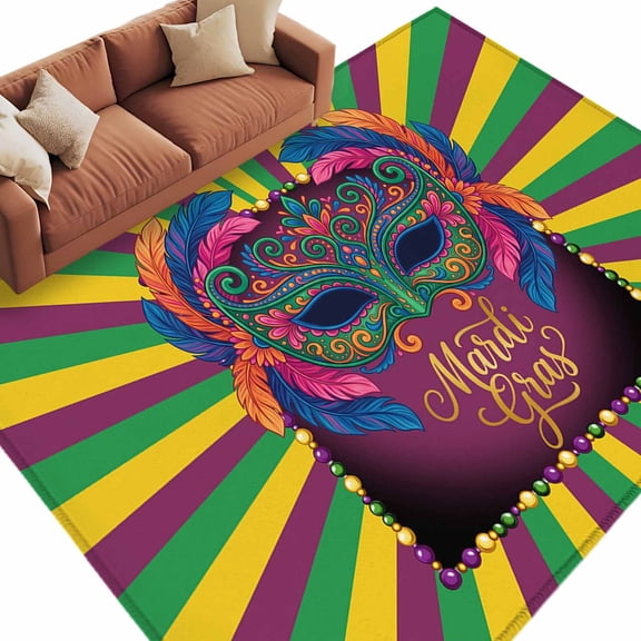 Area Rug 60×96in, Mardi Gras Carnivals Mask Floor Carpet Living Room Rug, Blue Pink Feathers Striped Non-Slip Welcome Mat Indoor Rugs for Bedroom Dining Room
