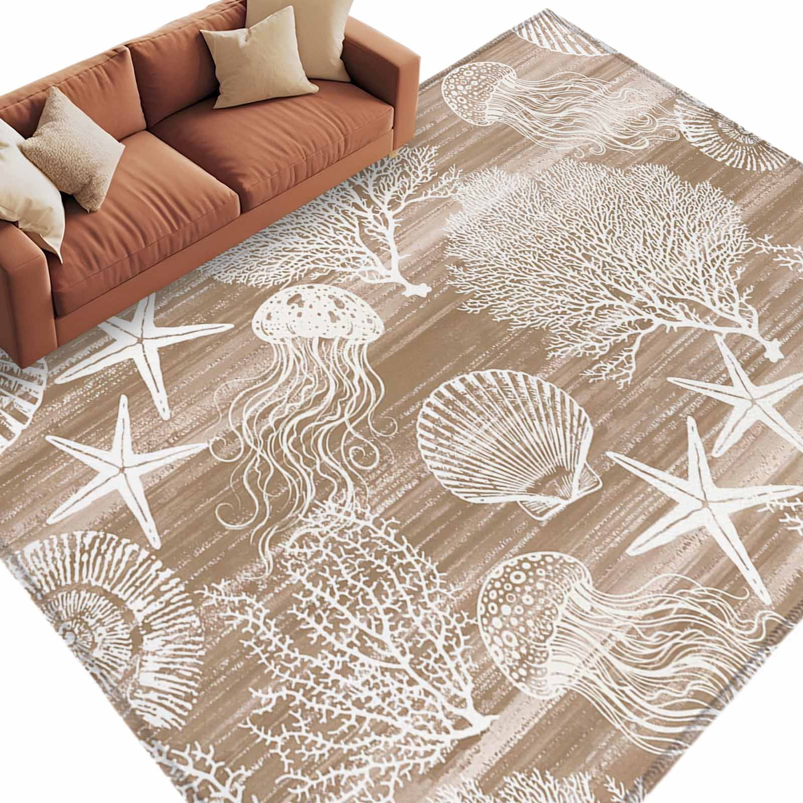 Varkala Shell Rug Area Rug 60×96in, Marine Starfish Shell Coral Floor Carpet Living Room ...