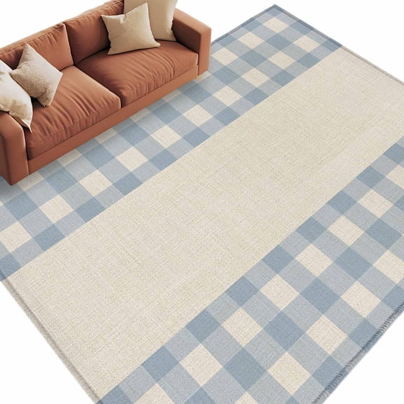 Area Rug 60×96in, Minimalist Blue Checkered Floor Carpet Living Room Rug, Retro Linen Buffalo Plaid Non-Slip Welcome Mat Indoor Rugs for Bedroom Dining Room