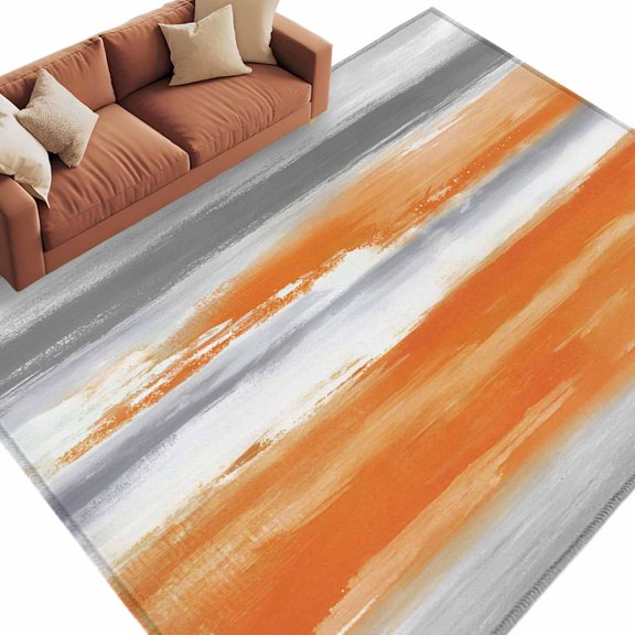 Area Rug 60×96in, Modern Abstract Canvas Art Floor Carpet Living Room Rug, Orange Gray Striped Non-Slip Welcome Mat Indoor Rugs for Bedroom Dining Room