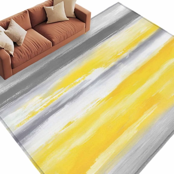 Area Rug 60×96in, Modern Abstract Canvas Art Floor Carpet Living Room Rug, Yellow Gray Striped Non-Slip Welcome Mat Indoor Rugs for Bedroom Dining Room