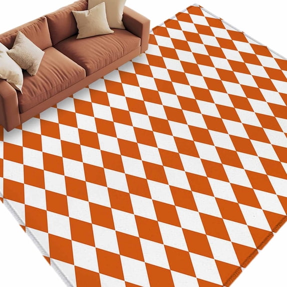 Area Rug 60×96in, Modern Orange White Plaid Floor Carpet Living Room Rug, Geometric Lattice Non-Slip Welcome Mat Indoor Rugs for Bedroom Dining Room