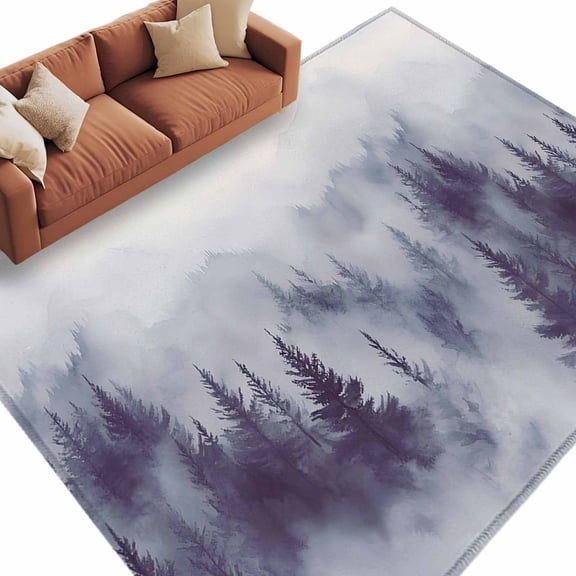 Area Rug 60×96in, Natural Misty Mountain Tree Forest Floor Carpet Living Room Rug, Wild Hill Foggy Scenery Non-Slip Welcome Mat Indoor Rugs for Bedroom Dining Room
