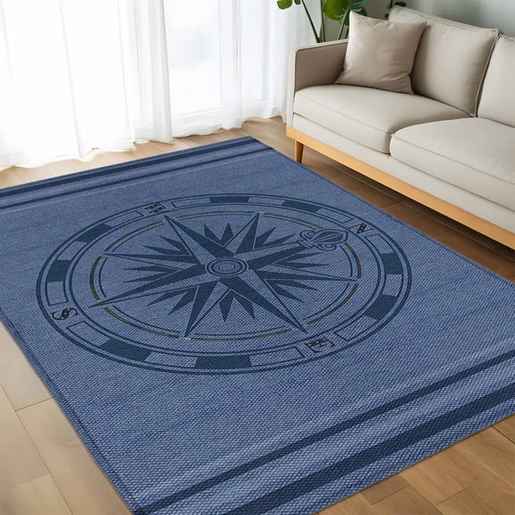 Area Rug 60Ć96in, Nautical Marine Compass Texture Floor Carpet Living Room Rug, Stripe Line on Jean Blue Non-Slip Welcome Mat Indoor Rugs for Bedroom Dining Room