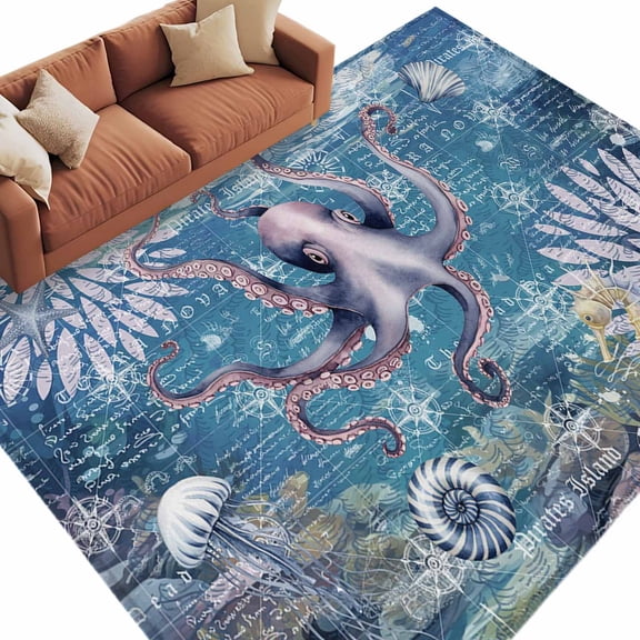 Area Rug 60×96in, Nautical Octopus Seahorse Starfish Floor Carpet Living Room Rug, Ocean Sealife on Map Non-Slip Welcome Mat Indoor Rugs for Bedroom Dining Room