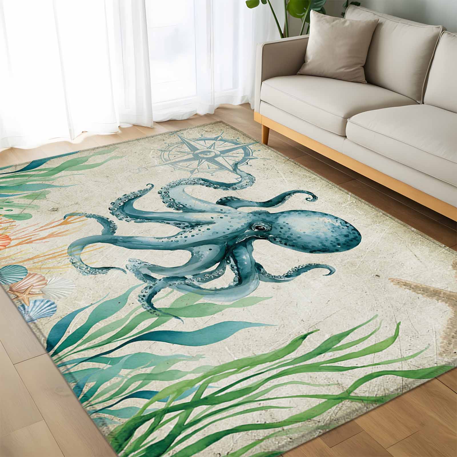 Area Rug 60×96in, Nautical Sea Monster Octopus Floor Carpet Living Room ...