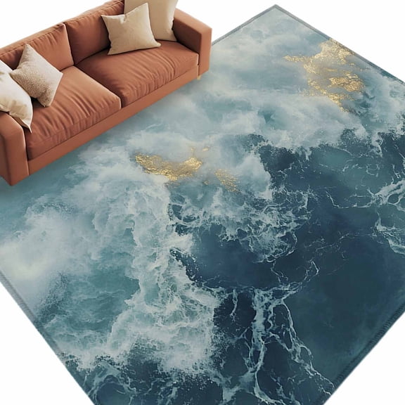 Area Rug 60×96in, Navy Blue Light Ocean Waves Floor Carpet Living Room Rug, Abstract Turquoise Layers Non-Slip Welcome Mat Indoor Rugs for Bedroom Dining Room