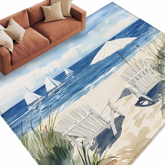 Area Rug 60×96in, Ocean Beach Chair Sun Umbrella Floor Carpet Living Room Rug, Summer Vacation Sailboat Non-Slip Welcome Mat Indoor Rugs for Bedroom Dining Room