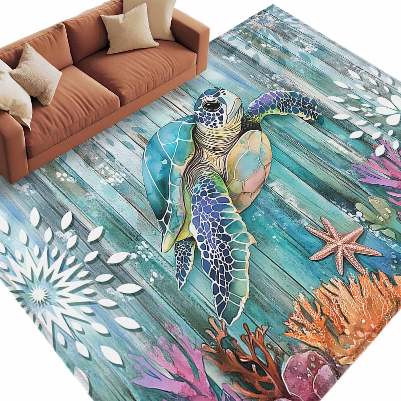Turtle Themed Rug Area Rug 60×96in, Ocean Coral Turtle Starfish on Vintage Wooden Floor ...