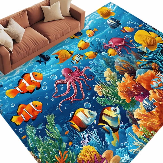 Area Rug 60×96in, Ocean Fish Octopus Waterweed Floor Carpet Living Room ...