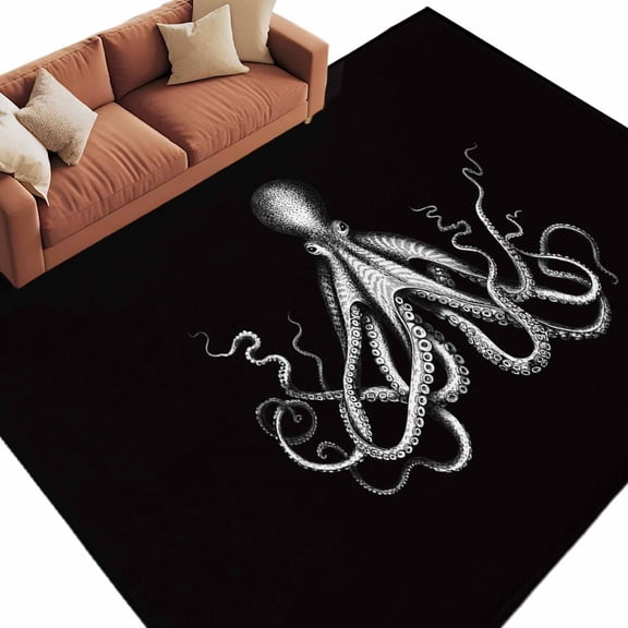 Area Rug 60×96in, Ocean Octopus Marine Life Floor Carpet Living Room Rug, Huge Monster on Black Non-Slip Welcome Mat Indoor Rugs for Bedroom Dining Room
