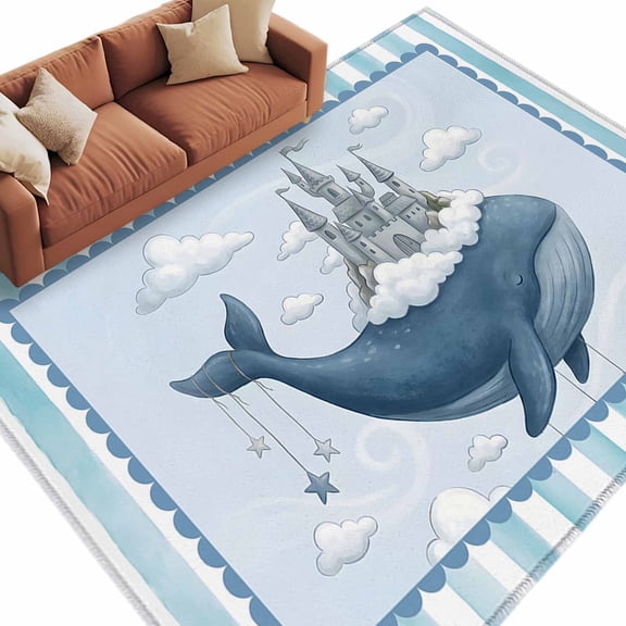 Area Rug 60×96in, Ocean Whale Castle Cloud Sky Floor Carpet Living Room Rug, Blue Theme Stripe Non-Slip Welcome Mat Indoor Rugs for Bedroom Dining Room