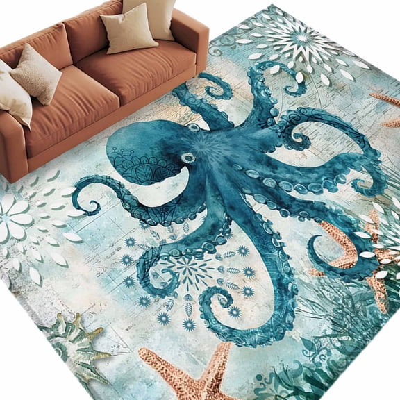 Area Rug 60×96in, Octopus Sea Monster Starfish Coral Floor Carpet Living Room Rug, Vintage Map Blue Ocean Non-Slip Welcome Mat Indoor Rugs for Bedroom Dining Room