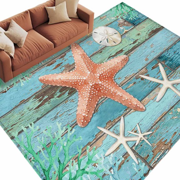 Area Rug 60×96in, Orange Starfish Summer Ocean Floor Carpet Living Room Rug, Farmhouse Retro Plank Non-Slip Welcome Mat Indoor Rugs for Bedroom Dining Room
