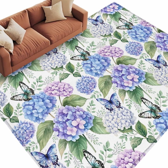 Area Rug 60×96in, Pastoral Blue Purple Hydrangea Floor Carpet Living Room Rug, Spring Flower Leaf Butterfly Non-Slip Welcome Mat Indoor Rugs for Bedroom Dining Room