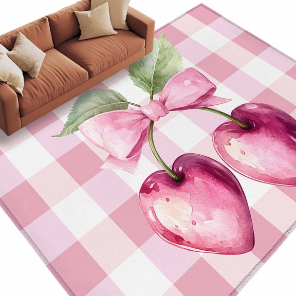 Area Rug 60×96in, Pastoral Pink Heart Cherry Floor Carpet Living Room Rug, Farm Bow Fruit White Plaid Non-Slip Welcome Mat Indoor Rugs for Bedroom Dining Room