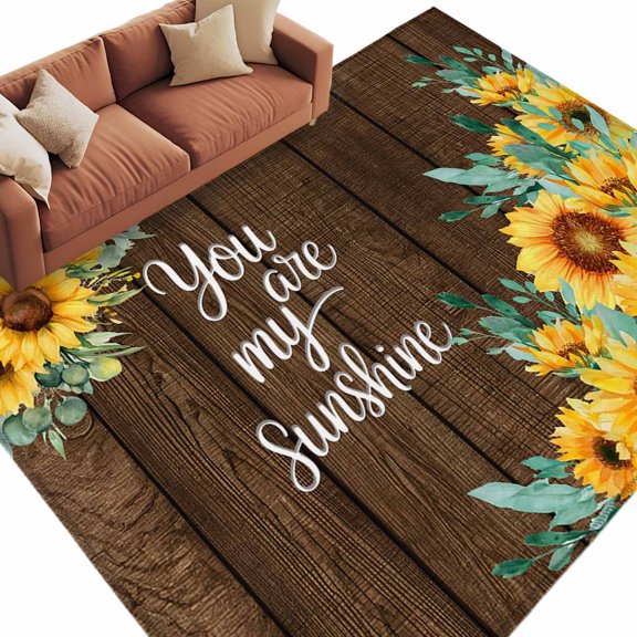 Area Rug 60×96in, Pastoral Sunflower Brown Plank Floor Carpet Living Room Rug, You Are My Sunshine Quote Non-Slip Welcome Mat Indoor Rugs for Bedroom Dining Room