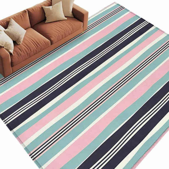 Area Rug 60×96in, Pink Blue Black Stripes Floor Carpet Living Room Rug, Watercolor Lines Non-Slip Welcome Mat Indoor Rugs for Bedroom Dining Room