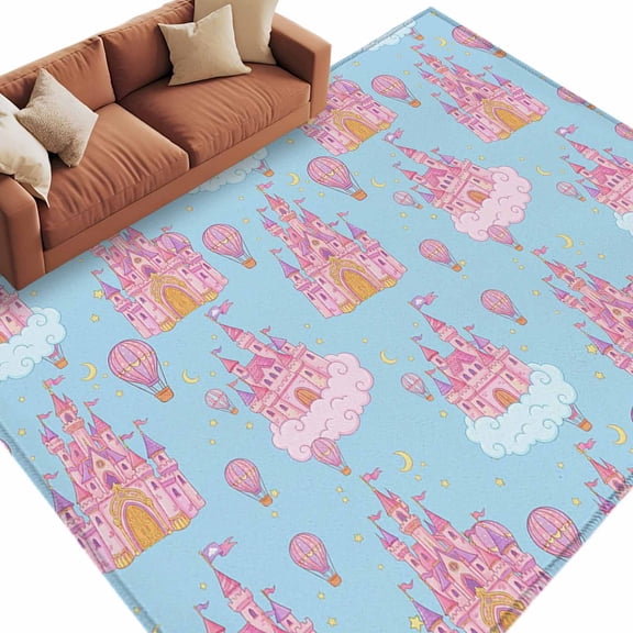 Area Rug 60×96in, Pink Dream Castle Cloud Balloons on Blue Floor Carpet Living Room Rug, Children's Day Non-Slip Welcome Mat Indoor Rugs for Bedroom Dining Room