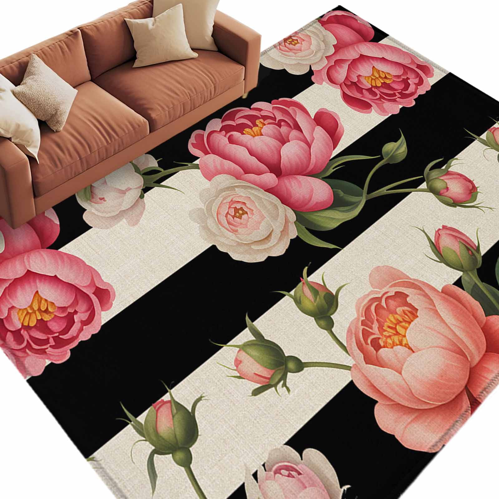 Area Rug 60×96in, Pink Flower Peony Rose Retro Linen Floor Carpet ...