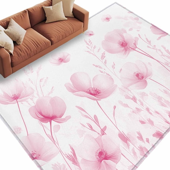 Area Rug 60×96in, Pink Flower Spring Watercolor Floral Floor Carpet Living Room Rug, Farm Plant on White Non-Slip Welcome Mat Indoor Rugs for Bedroom Dining Room
