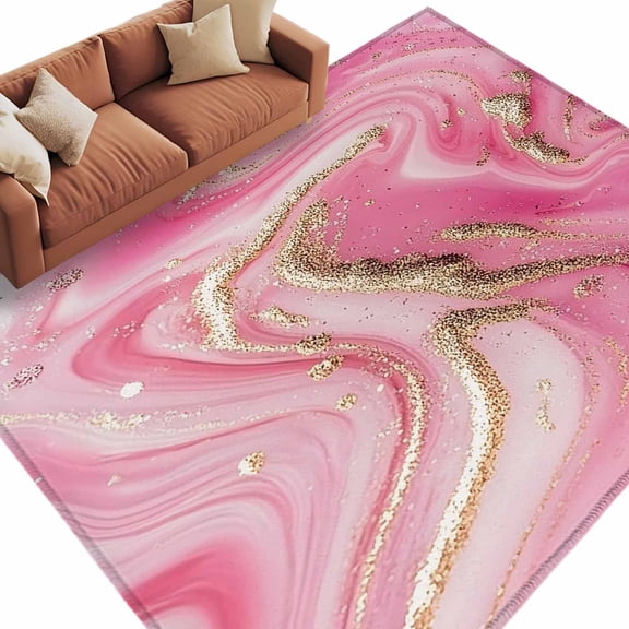 Area Rug 60×96in, Pink Water Ripple Gold Foil Floor Carpet Living Room Rug, Abstract Wave Minimalist Style Non-Slip Welcome Mat Indoor Rugs for Bedroom Dining Room