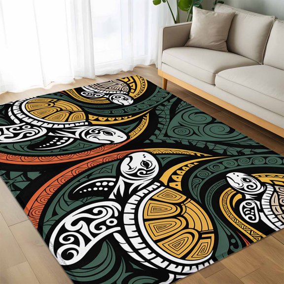 Area Rug 60×96in, Polynesia Sea Turtle Floor Carpet Living Room Rug, Traditional Tribe Ocean Life Non-Slip Welcome Mat Indoor Rugs for Bedroom Dining Room