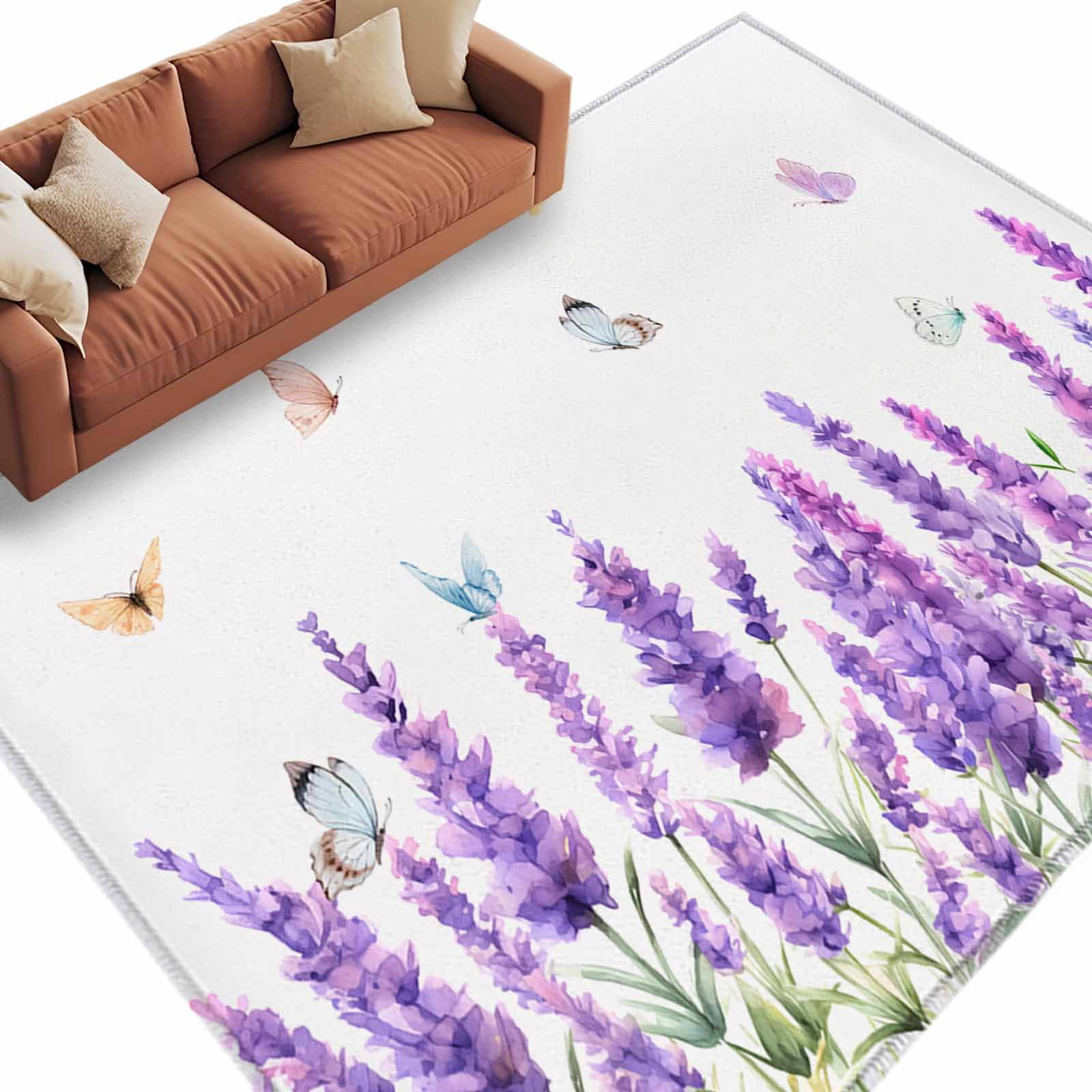 Area Rug 60×96in, Purple Lavender Flower Butterfly Floor Carpet Living ...