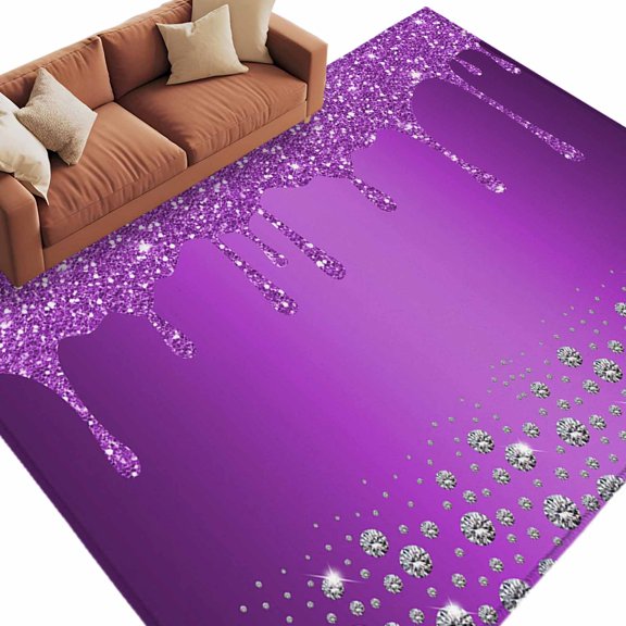 Area Rug 60×96in, Purple Silver Shiny Diamond Floor Carpet Living Room Rug, Luxury Modern Abstract Art Non-Slip Welcome Mat Indoor Rugs for Bedroom Dining Room