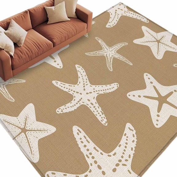 Area Rug 60×96in, Retro Brown Starfish on Linen Floor Carpet Living Room Rug, Underwater World Non-Slip Welcome Mat Indoor Rugs for Bedroom Dining Room