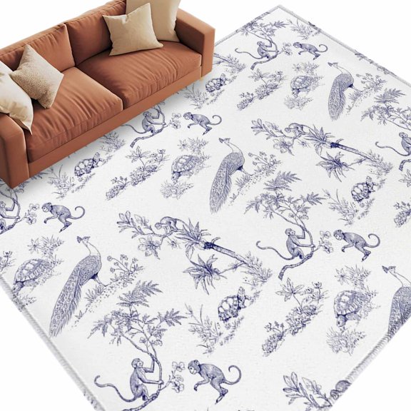Area Rug 60×96in, Retro Canopies Monkeys Turtles Plants Floor Carpet Living Room Rug, Farmhouses Animals Non-Slip Welcome Mat Indoor Rugs for Bedroom Dining Room