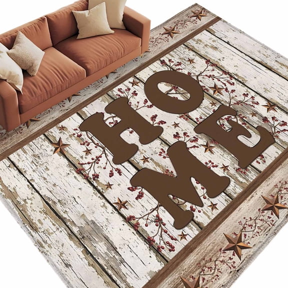 Area Rug 60×96in, Retro Farmhouse Home Quote Country Star Floor Carpet Living Room Rug, Wood Grain Non-Slip Welcome Mat Indoor Rugs for Bedroom Dining Room