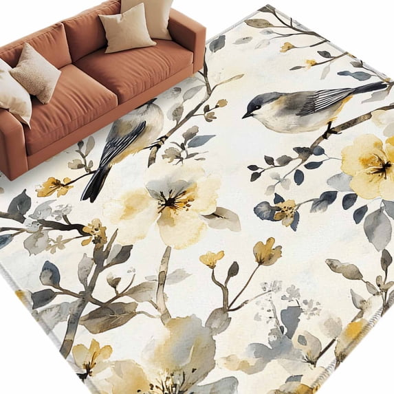 Area Rug 60×96in, Retro Floral Branches Bird Paints Floor Carpet Living Room Rug, Farmhouse Flower Non-Slip Welcome Mat Indoor Rugs for Bedroom Dining Room