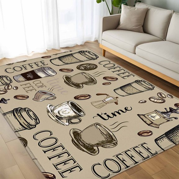 Area Rug 60×96in, Retro Sketch Coffee Set Bean with Quote Floor Carpet Living Room Rug, Aromatic Drink on Khaki Non-Slip Welcome Mat Indoor Rugs for Bedroom Dining Room