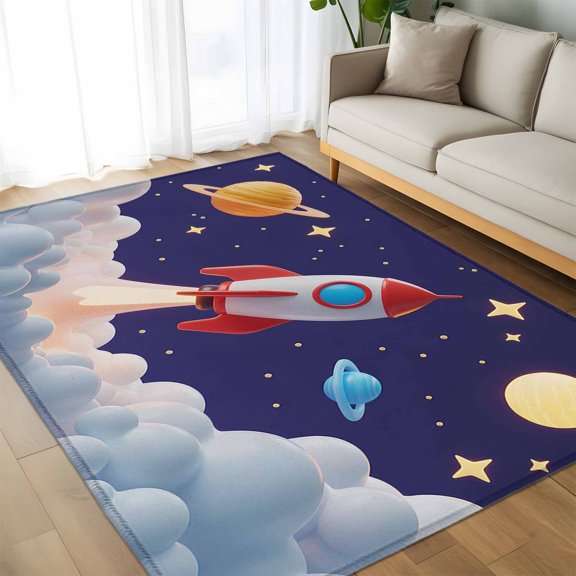 Area Rug 60×96in, Rocket Space Universe Planet Floor Carpet Living Room Rug, Night Star Cartoon Style Non-Slip Welcome Mat Indoor Rugs for Bedroom Dining Room