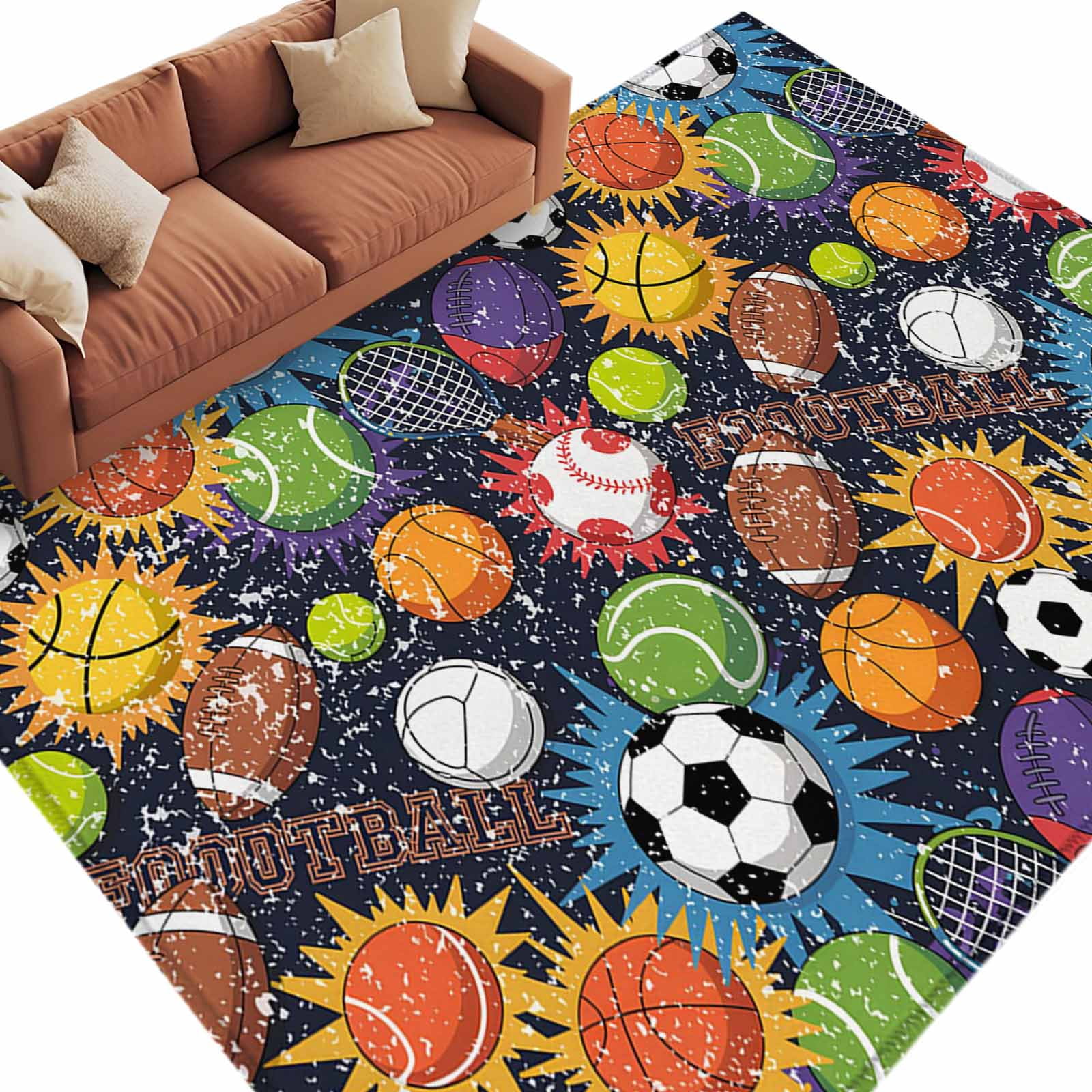 Area Rug 60×96in, Rugby Football Basketball Sports Floor Carpet Living ...