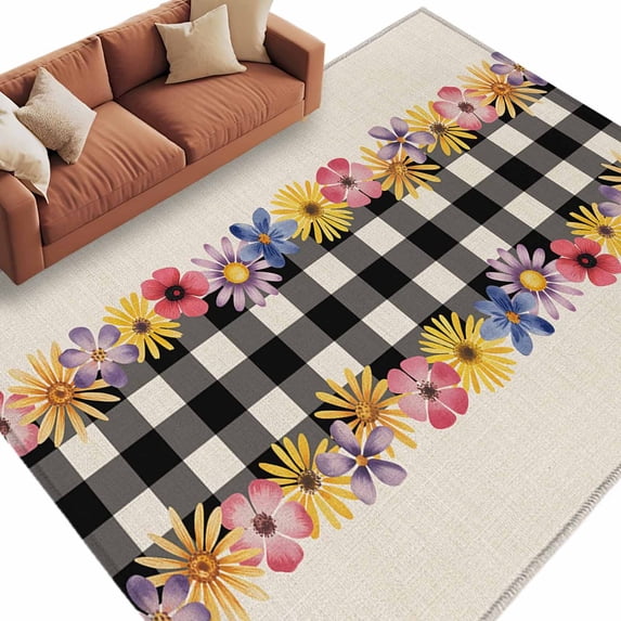 Area Rug 60×96in, Rustic Pastoral Colorful Flower Floor Carpet Living Room Rug, Black White Checkered Linen Non-Slip Welcome Mat Indoor Rugs for Bedroom Dining Room
