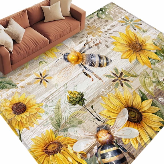 Area Rug 60×96in, Rustic Vintage Sunflower Bee Leaves Floor Carpet Living Room Rug, Watercolor Floral on Wood Barn Non-Slip Welcome Mat Indoor Rugs for Bedroom Dining Room