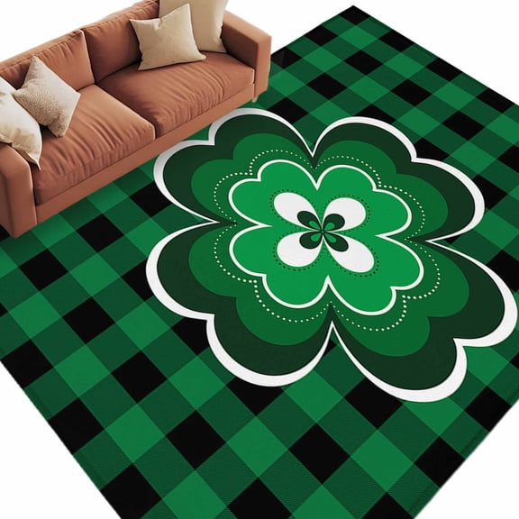Area Rug 60×96in, Saint Patrick's Day Celtic Knots Shamrock Floor Carpet Living Room Rug, Buffalo Lattice Non-Slip Welcome Mat Indoor Rugs for Bedroom Dining Room