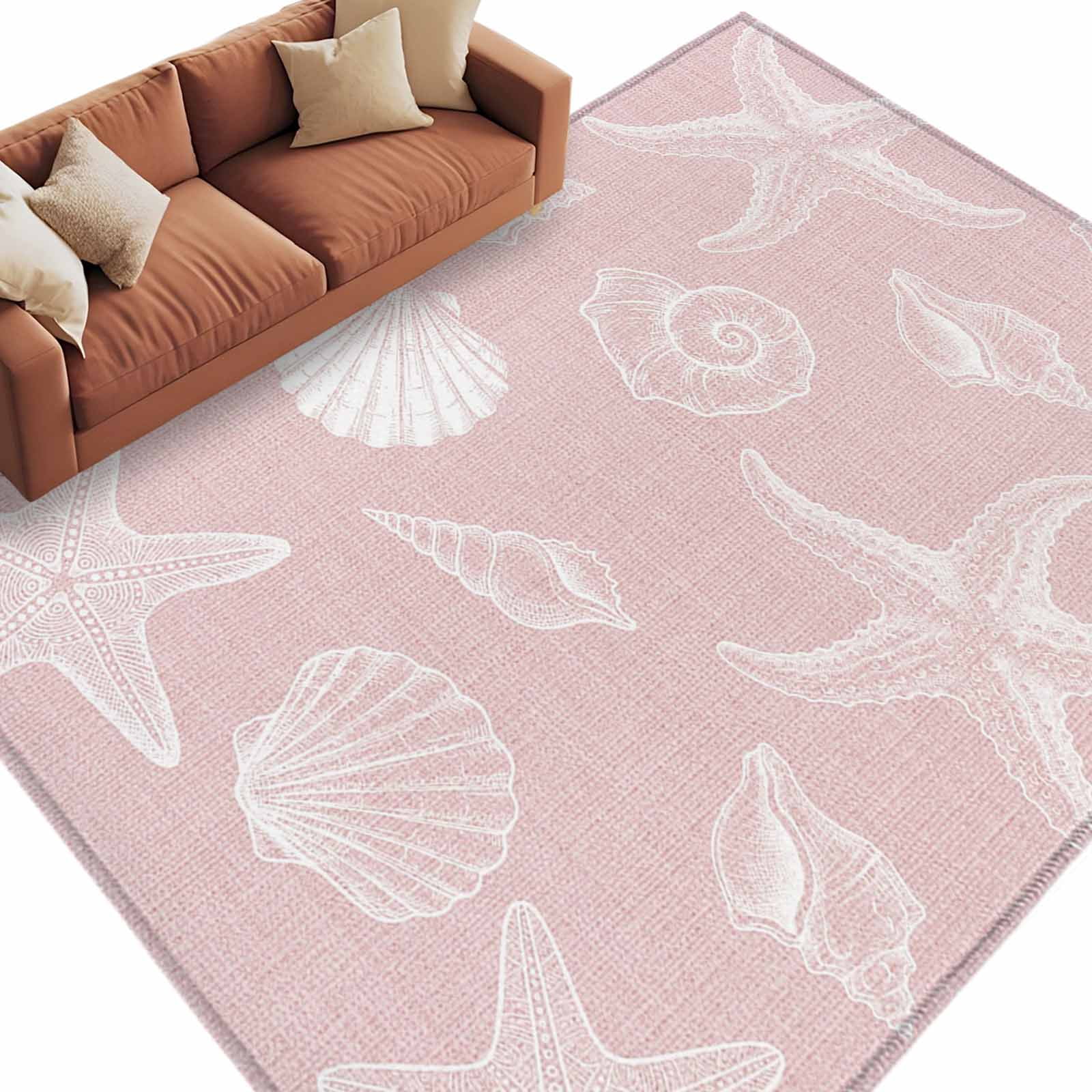 Andre Shell Rug Area Rug 60×96in, Sea Star Shell Sea Nut on Pink Linen Floor Carpet ...